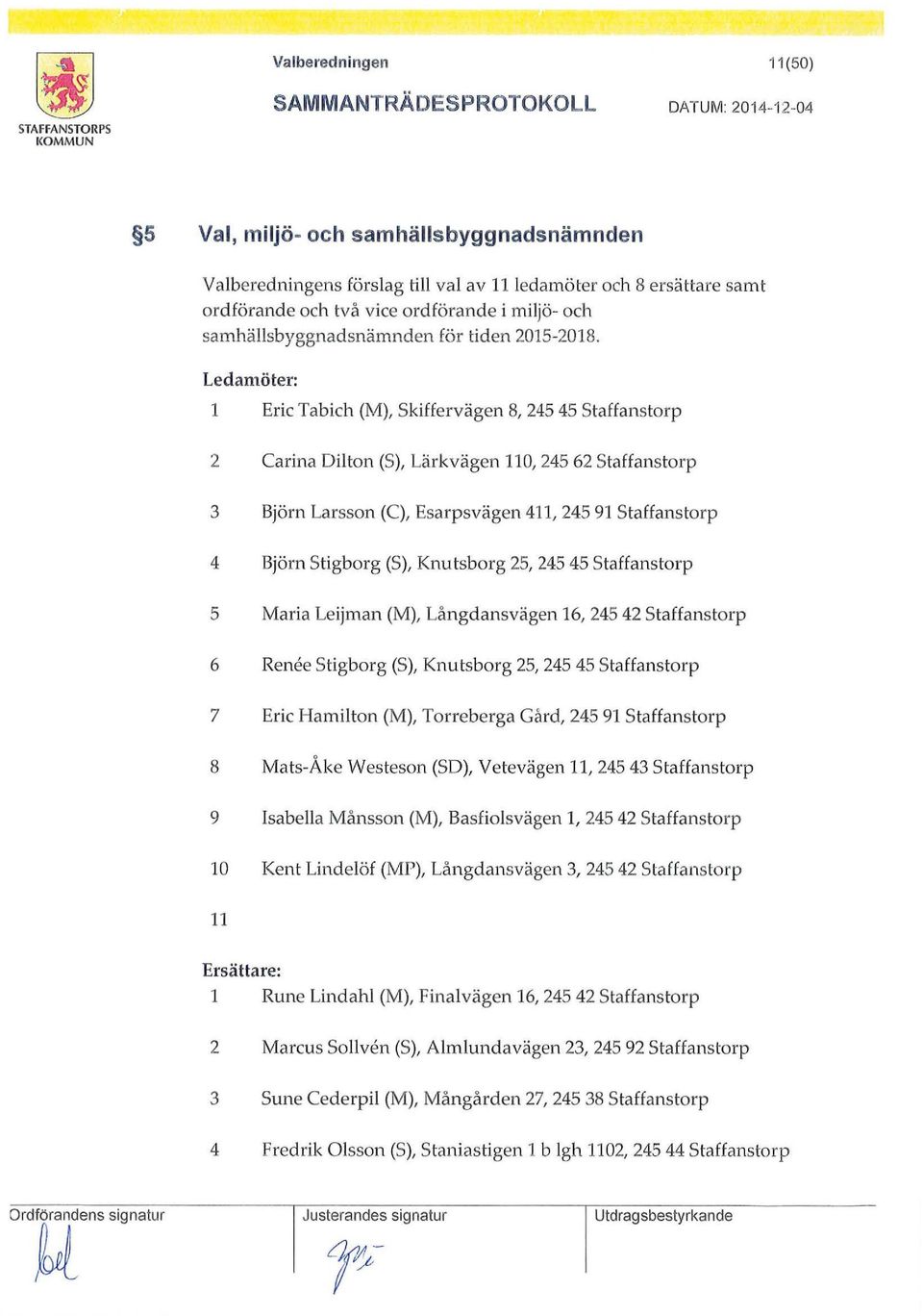 Ledamöter: 1 Eric Ta b ich (M), Skiffervägen 8, 245 45 Staffanstorp 2 Carina Dilton (S), Lärkvägen 110, 245 62 Staffanstorp 3 Björn Larsson (C), Esarpsvägen 411, 245 91 Staffanstorp 4 Björn Stigborg