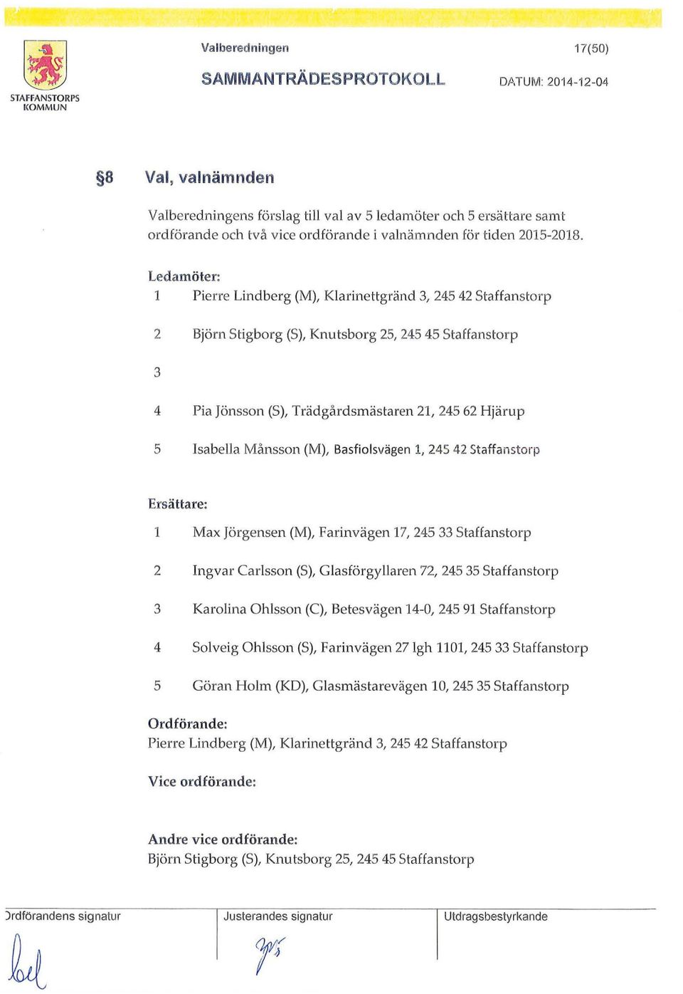 Månsson (M), Basfiolsvägen l, 245 42 Staffanstorp Ersättare: 1 Max Jörgensen (M), Farinvägen 17, 245 33 Staffanstorp 2 Ingvar Carlsson (S), Glasförgyllaren 72, 245 35 Staffanstorp 3 Karalina Ohlsson