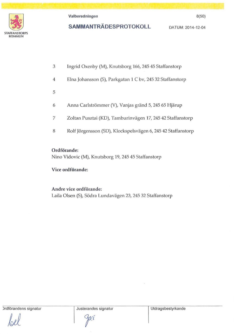 Staffanstorp 8 Rolf Jörgensson (SD), Klockspelsvägen 6, 245 42 Staffanstorp Ordförande: Nino Vidavie (M), Knutsborg 19, 245