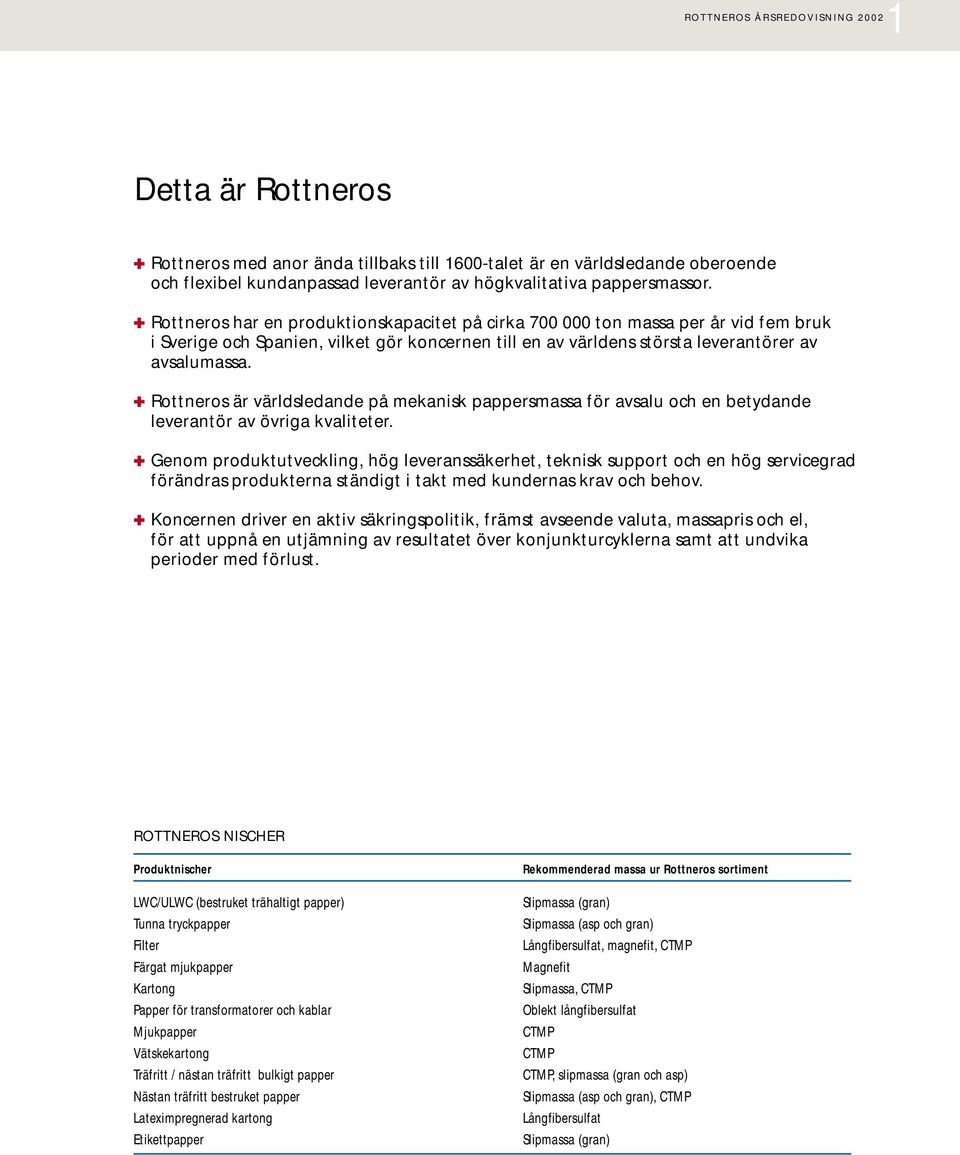 Rottneros är världsledande på mekanisk pappersmassa för avsalu och en betydande leverantör av övriga kvaliteter.