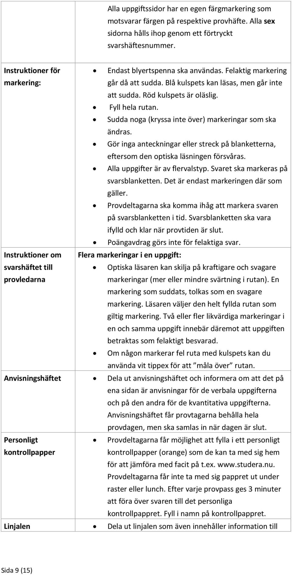 Sudda noga (kryssa inte över) markeringar som ska ändras. Gör inga anteckningar eller streck på blanketterna, eftersom den optiska läsningen försvåras. Alla uppgifter är av flervalstyp.