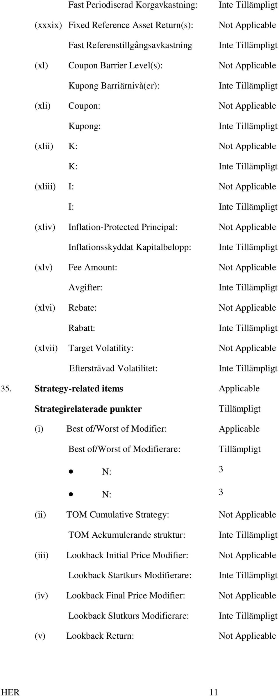 Applicable Avgifter: (xlvi) Rebate: Not Applicable Rabatt: (xlvii) Target Volatility: Not Applicable Eftersträvad Volatilitet: 35.