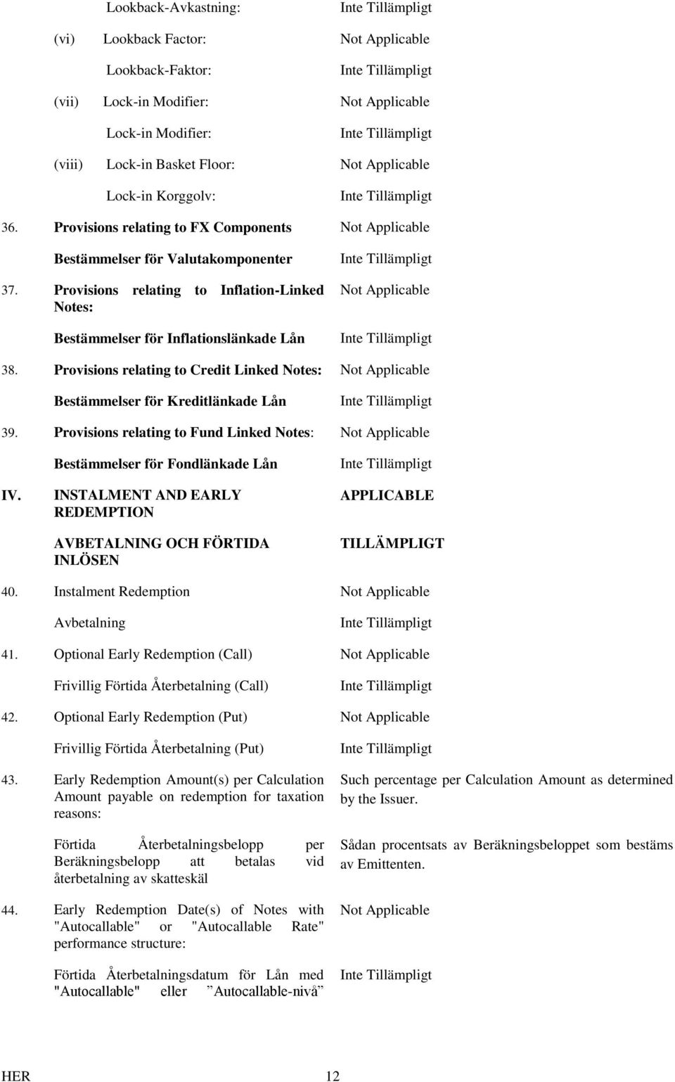 Provisions relating to Credit Linked Notes: Not Applicable Bestämmelser för Kreditlänkade Lån 39. Provisions relating to Fund Linked Notes: Not Applicable IV.