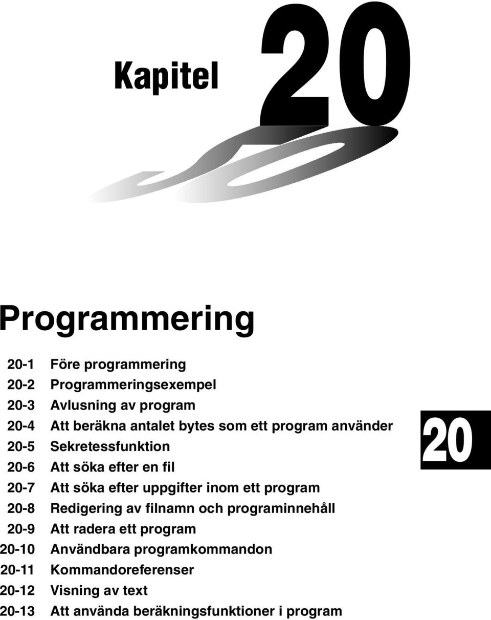 efter uppgifter inom ett program 20-8 Redigering av filnamn och programinnehåll 20-9 Att radera ett program 20-10