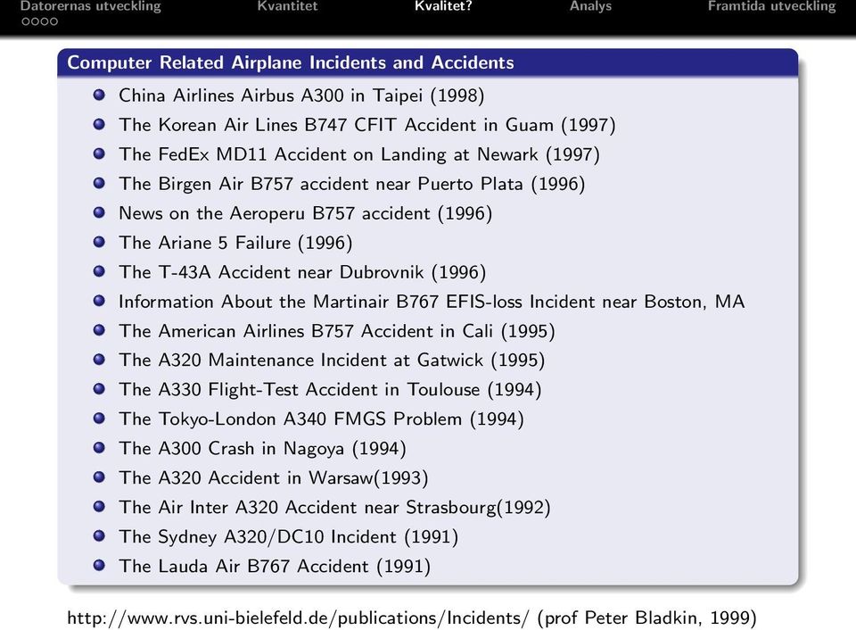 Martinair B767 EFIS-loss Incident near Boston, MA The American Airlines B757 Accident in Cali (1995) The A320 Maintenance Incident at Gatwick (1995) The A330 Flight-Test Accident in Toulouse (1994)