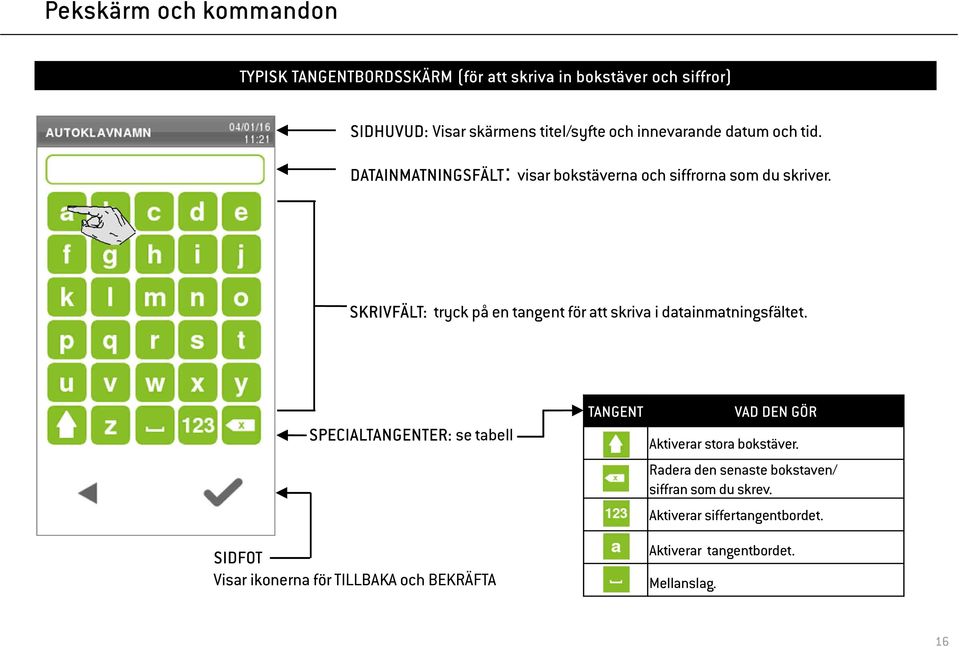 SKRIVFÄLT: tryck på en tangent för att skriva i datainmatningsfältet.