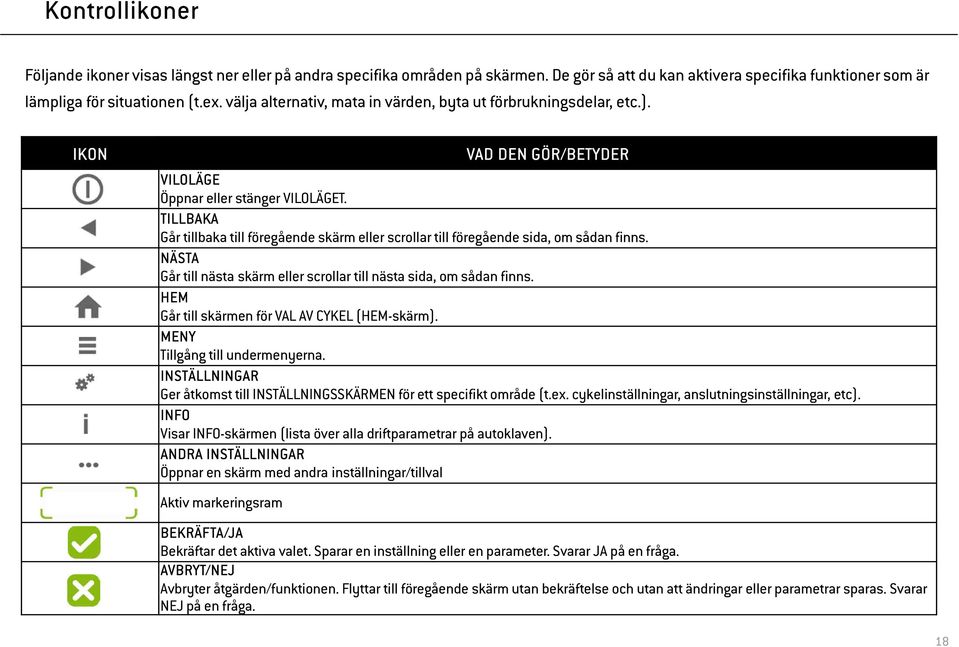 TILLBAKA Går tillbaka till föregående skärm eller scrollar till föregående sida, om sådan finns. NÄSTA Går till nästa skärm eller scrollar till nästa sida, om sådan finns.