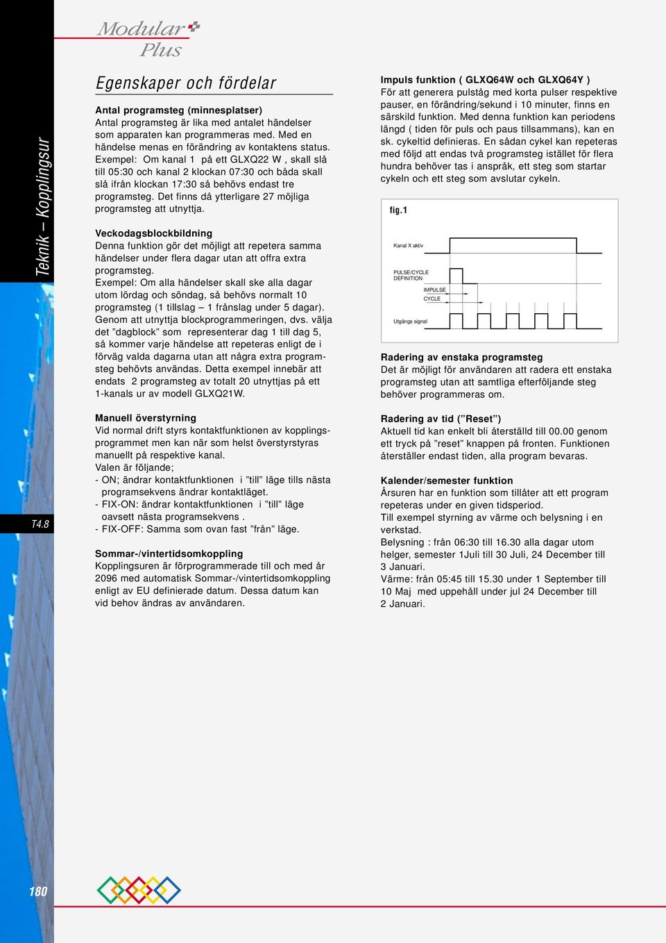 Exempel: Om kanal på ett GLXQ W, skall slå till 0:0 och kanal klockan 0:0 och båda skall slå ifrån klockan :0 så behövs endast tre programsteg. Det finns då ytterligare möjliga programsteg att utnytt.