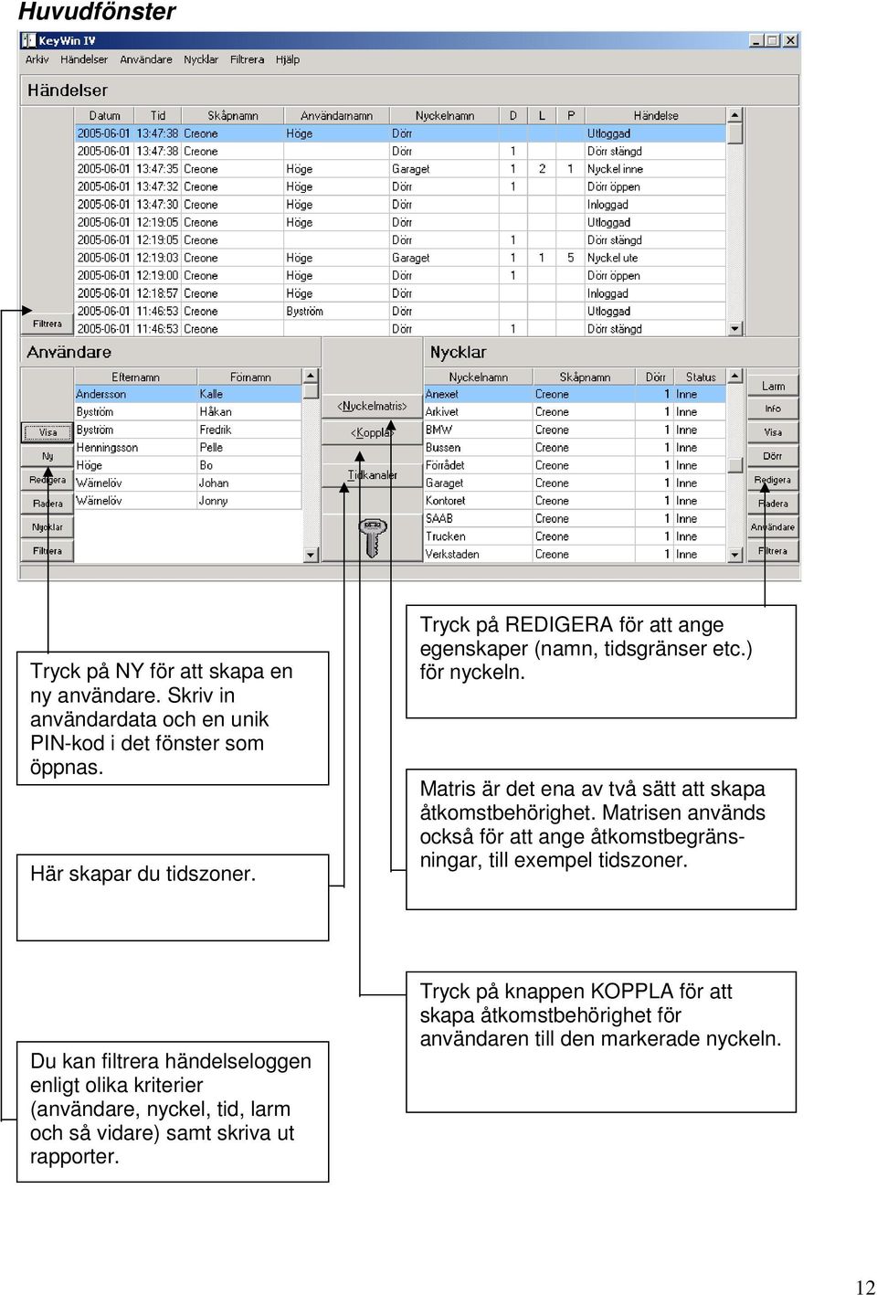 Matrisen används också för att ange åtkomstbegränsningar, till exempel tidszoner.