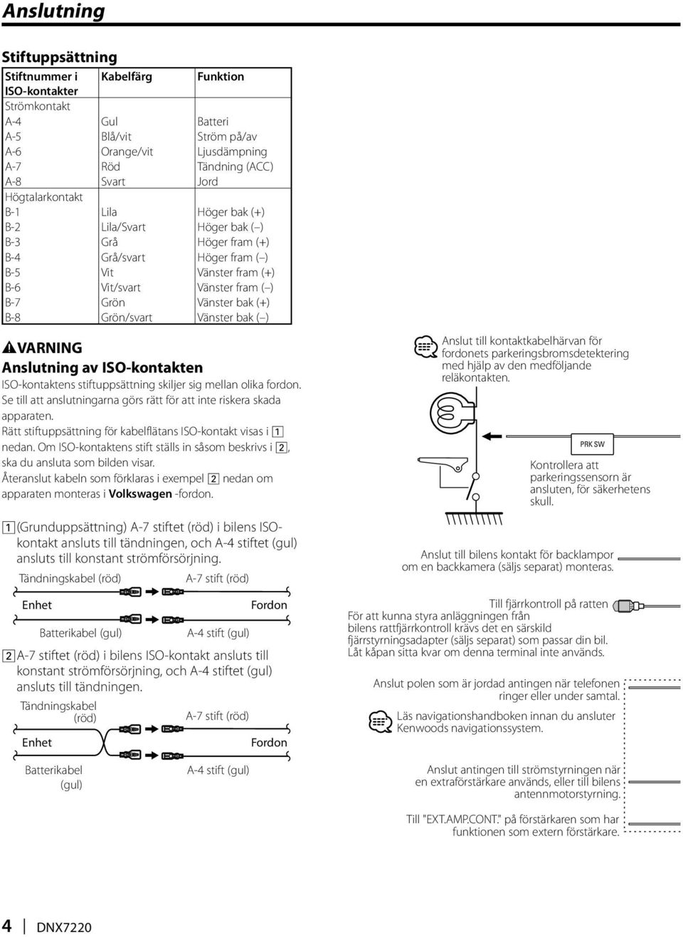 (+) B-8 Grön/svart Vänster bak ( ) 2VARNING Anslutning av ISO-kontakten ISO-kontaktens stiftuppsättning skiljer sig mellan olika fordon.