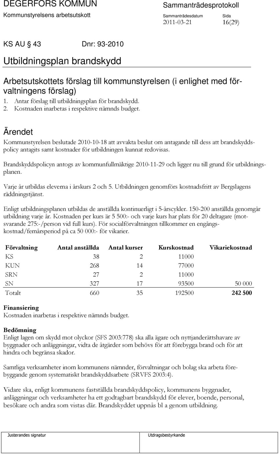 Kommunstyrelsen beslutade 2010-10-18 att avvakta beslut om antagande till dess att brandskyddspolicy antagits samt kostnader för utbildningen kunnat redovisas.