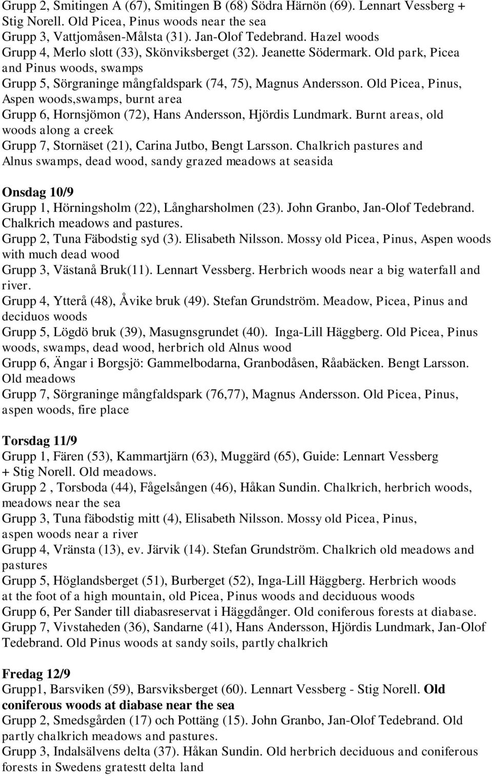 Old Picea, Pinus, Aspen woods,swamps, burnt area Grupp 6, Hornsjömon (72), Hans Andersson, Hjördis Lundmark. Burnt areas, old woods along a creek Grupp 7, Stornäset (21), Carina Jutbo, Bengt Larsson.