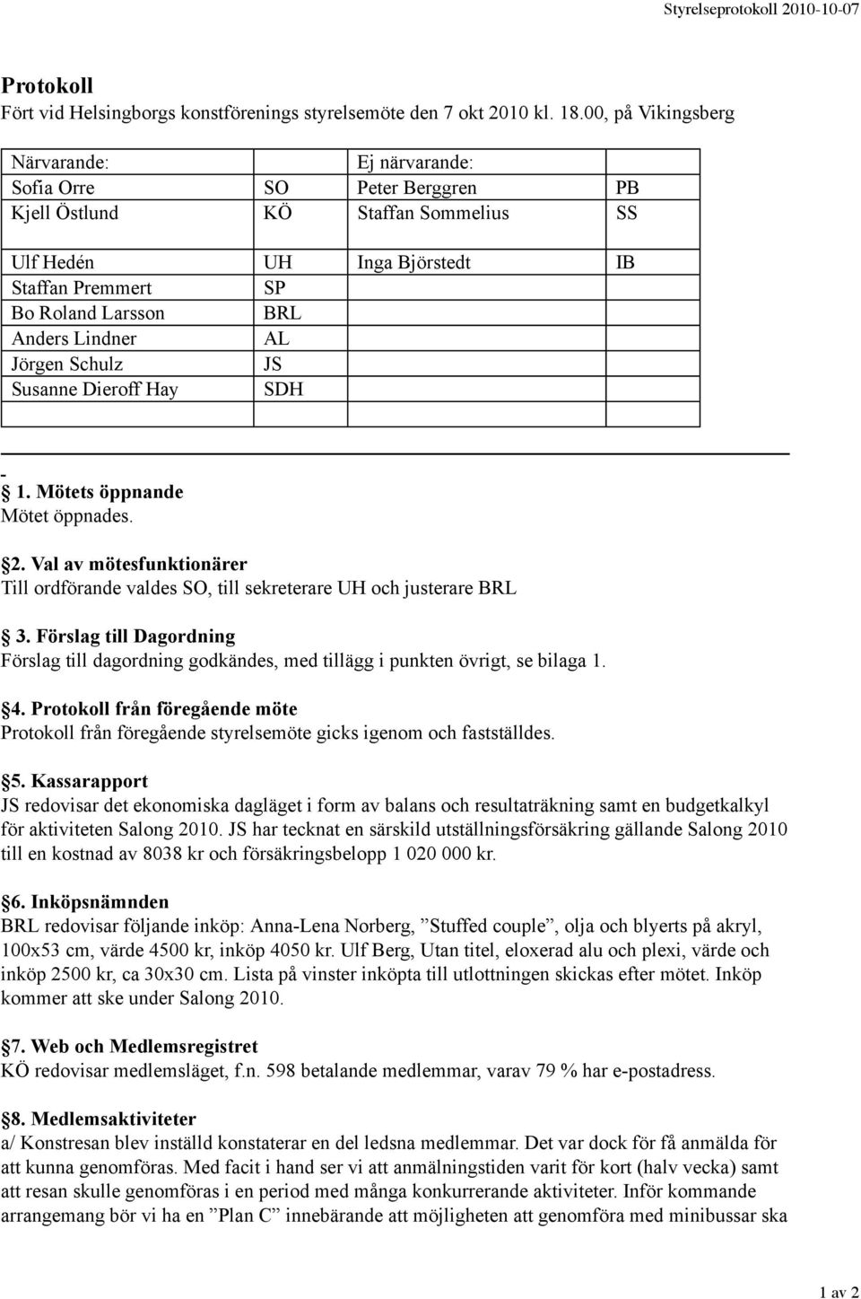 Lindner AL Jörgen Schulz JS Susanne Dieroff Hay SDH 1. Mötets öppnande Mötet öppnades. 2. Val av mötesfunktionärer Till ordförande valdes SO, till sekreterare UH och justerare BRL 3.