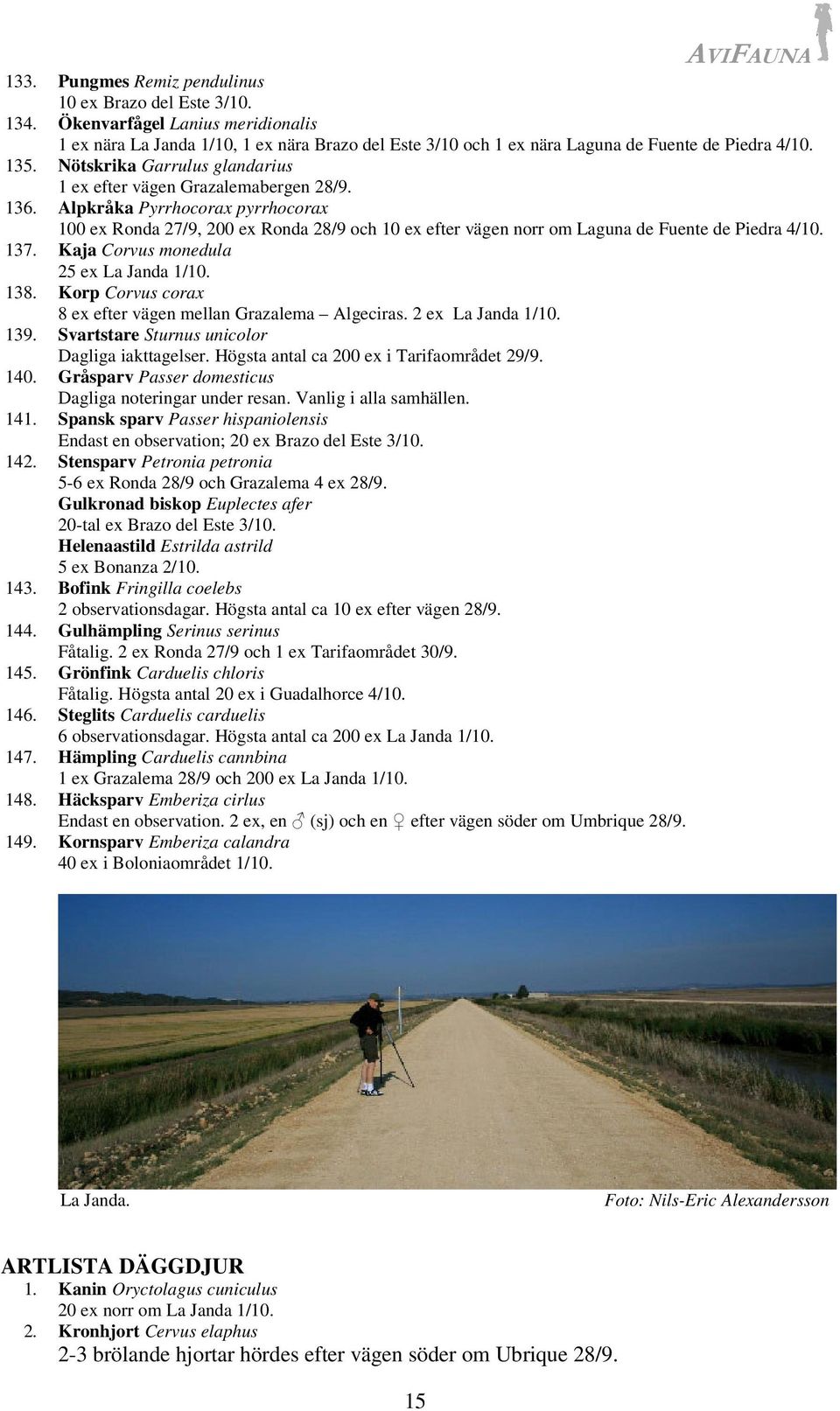 Alpkråka Pyrrhocorax pyrrhocorax 100 ex Ronda 27/9, 200 ex Ronda 28/9 och 10 ex efter vägen norr om Laguna de Fuente de Piedra 4/10. 137. Kaja Corvus monedula 25 ex La Janda 1/10. 138.