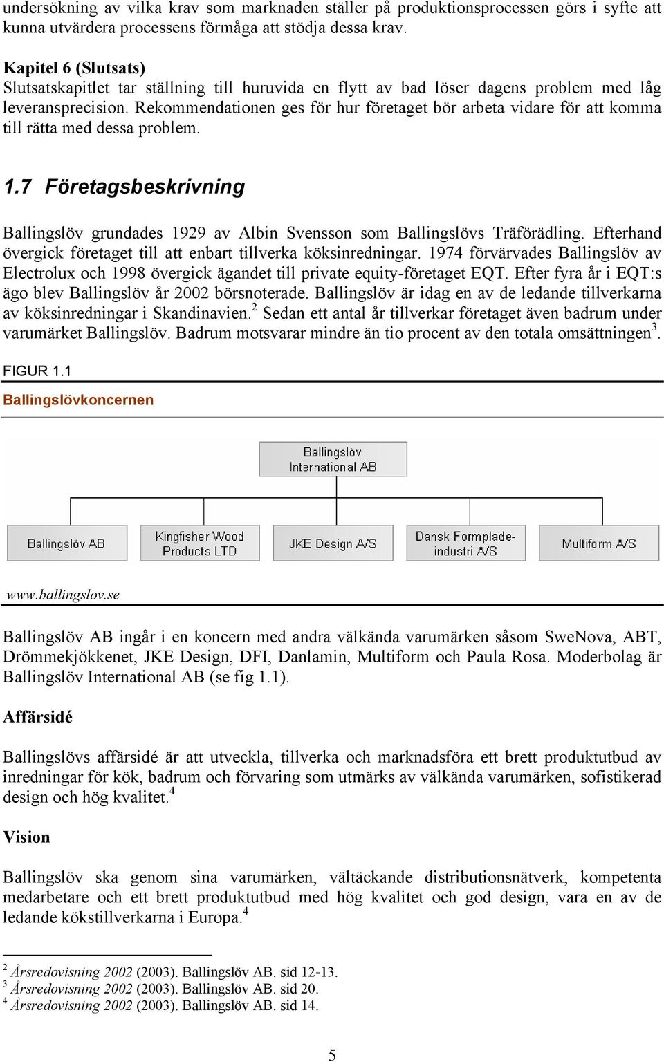 Rekommendationen ges för hur företaget bör arbeta vidare för att komma till rätta med dessa problem. 1.7 Företagsbeskrivning Ballingslöv grundades 1929 av Albin Svensson som Ballingslövs Träförädling.