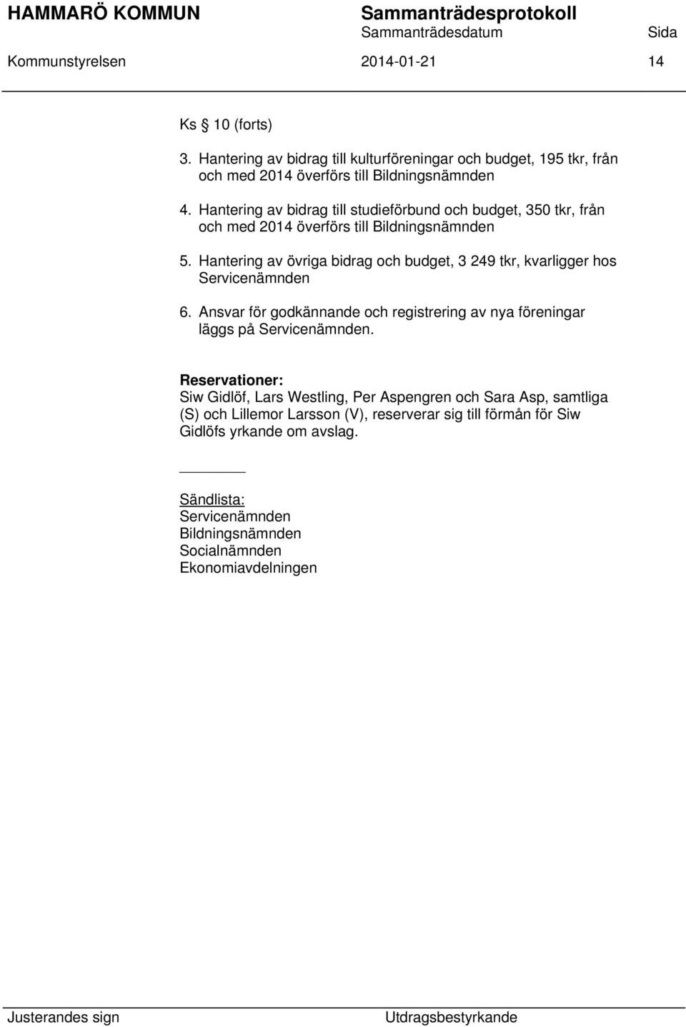 Hantering av övriga bidrag och budget, 3 249 tkr, kvarligger hos Servicenämnden 6. Ansvar för godkännande och registrering av nya föreningar läggs på Servicenämnden.