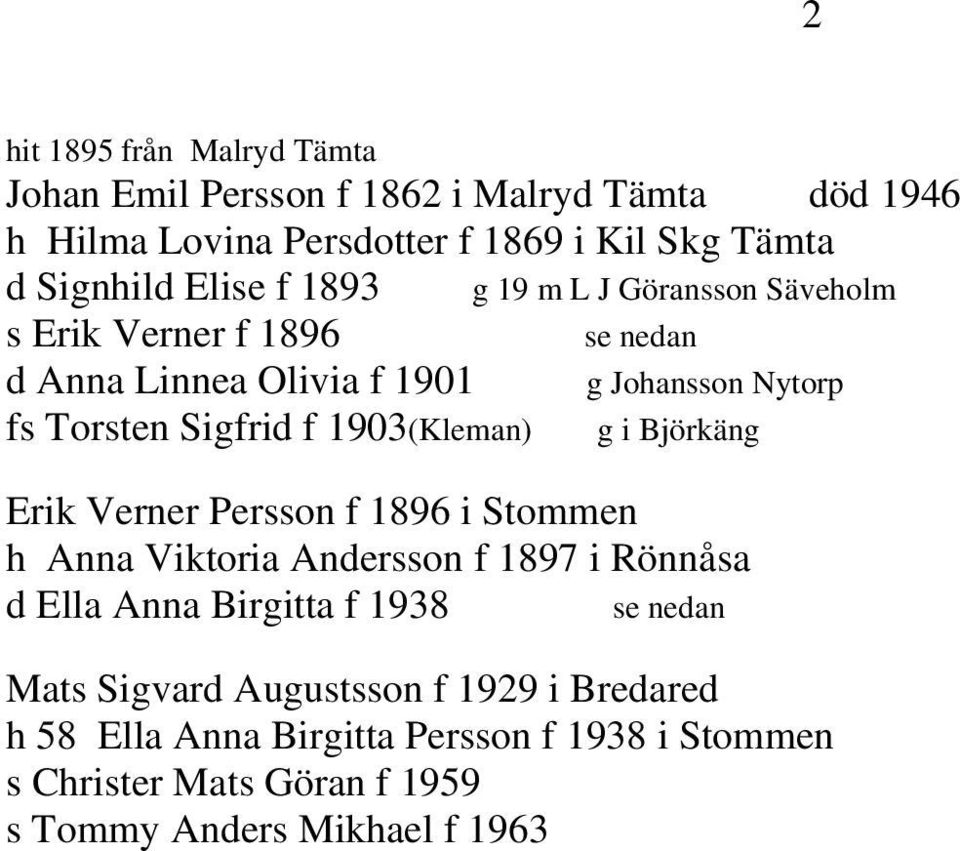 1903(Kleman) g i Björkäng Erik Verner Persson f 1896 i Stommen h Anna Viktoria Andersson f 1897 i Rönnåsa d Ella Anna Birgitta f 1938 Mats