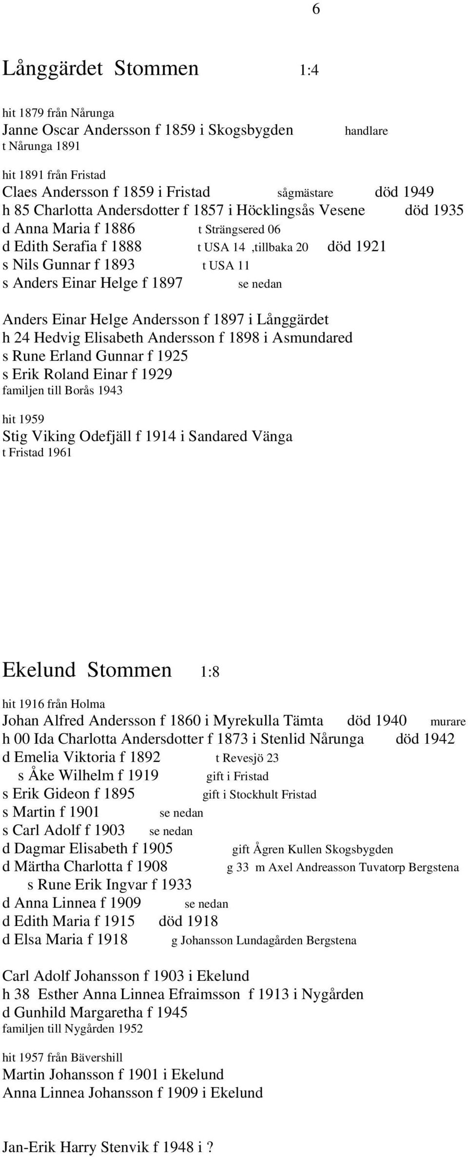 Helge f 1897 Anders Einar Helge Andersson f 1897 i Långgärdet h 24 Hedvig Elisabeth Andersson f 1898 i Asmundared s Rune Erland Gunnar f 1925 s Erik Roland Einar f 1929 familjen till Borås 1943 hit