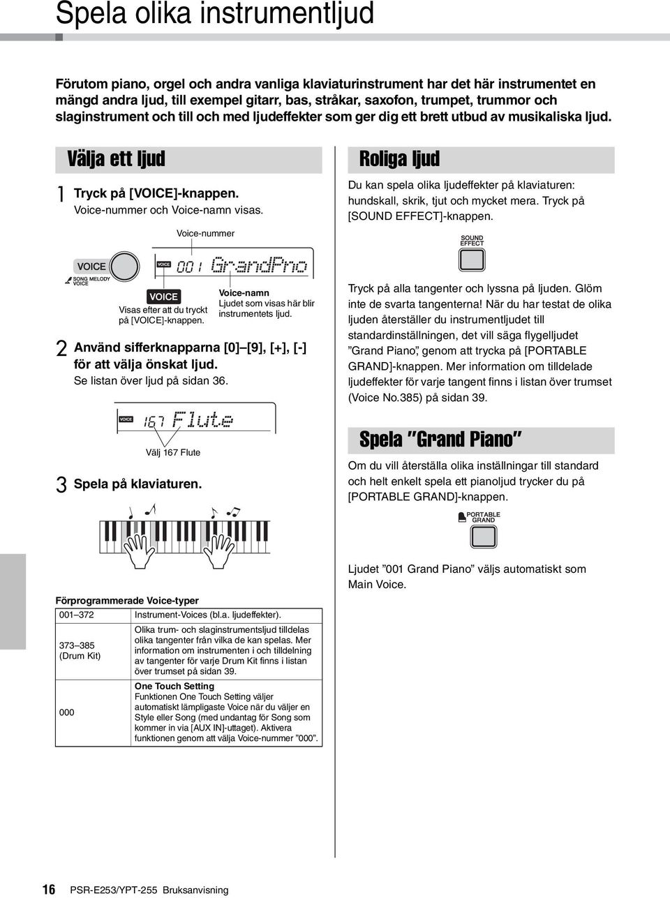 Använd sifferknapparna [0] [9], [+], [-] för att välja önskat ljud. Se listan över ljud på sidan 36. Spela på klaviaturen. Voice-nummer 001 Visas efter att du tryckt på [VOICE]-knappen.