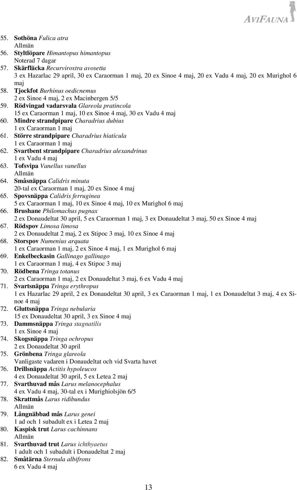 Tjockfot Burhinus oedicnemus 2 ex Sinoe 4 maj, 2 ex Macinbergen 5/5 59. Rödvingad vadarsvala Glareola pratincola 15 ex Caraorman 1 maj, 10 ex Sinoe 4 maj, 30 ex Vadu 4 maj 60.