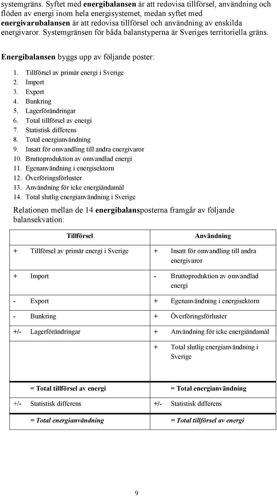 enskilda energivaror. Systemgränsen för båda balanstyperna är Sveriges territoriella gräns. Energibalansen byggs upp av följande poster: 1. Tillförsel av primär energi i Sverige 2. Import 3. Export 4.