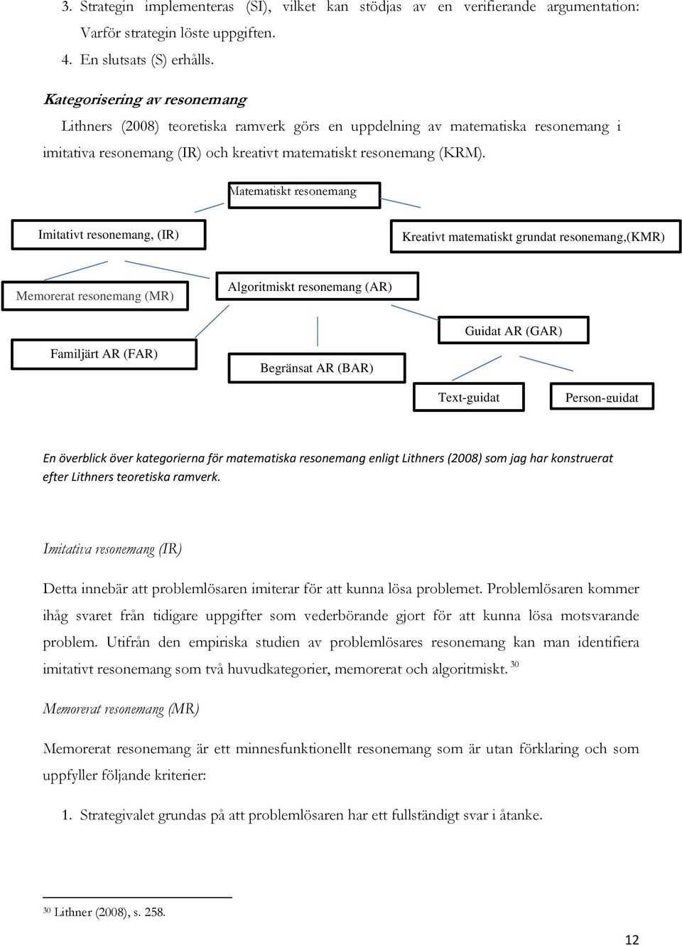 Matematiskt resonemang Imitativt resonemang, (IR) Kreativt matematiskt grundat resonemang,(kmr) Memorerat resonemang (MR) Algoritmiskt resonemang (AR) Familjärt AR (FAR) Begränsat AR (BAR) Guidat AR