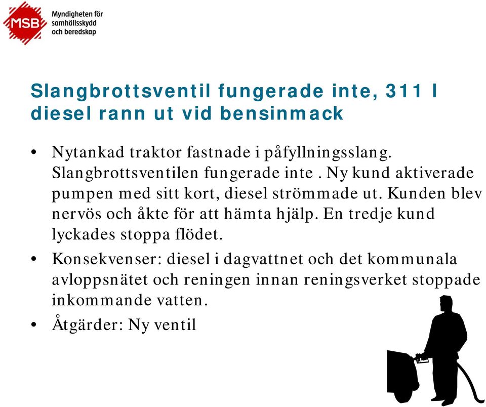 Ny kund aktiverade pumpen med sitt kort, diesel strömmade ut. Kunden blev nervös och åkte för att hämta hjälp.