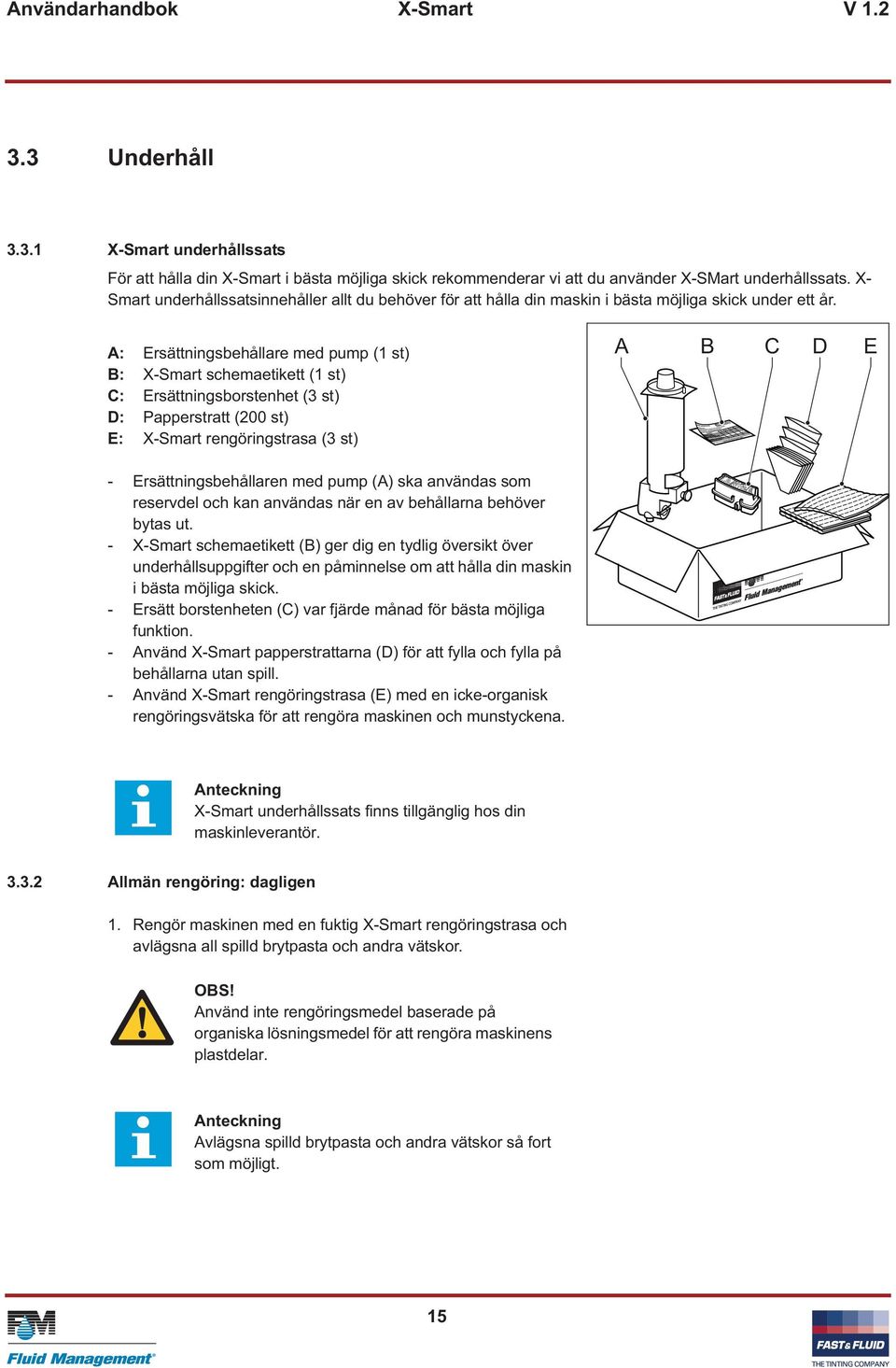 A: Ersättningsbehållare med pump (1 st) B: X-Smart schemaetikett (1 st) C: Ersättningsborstenhet (3 st) D: Papperstratt (200 st) E: X-Smart rengöringstrasa (3 st) A B C D E - Ersättningsbehållaren