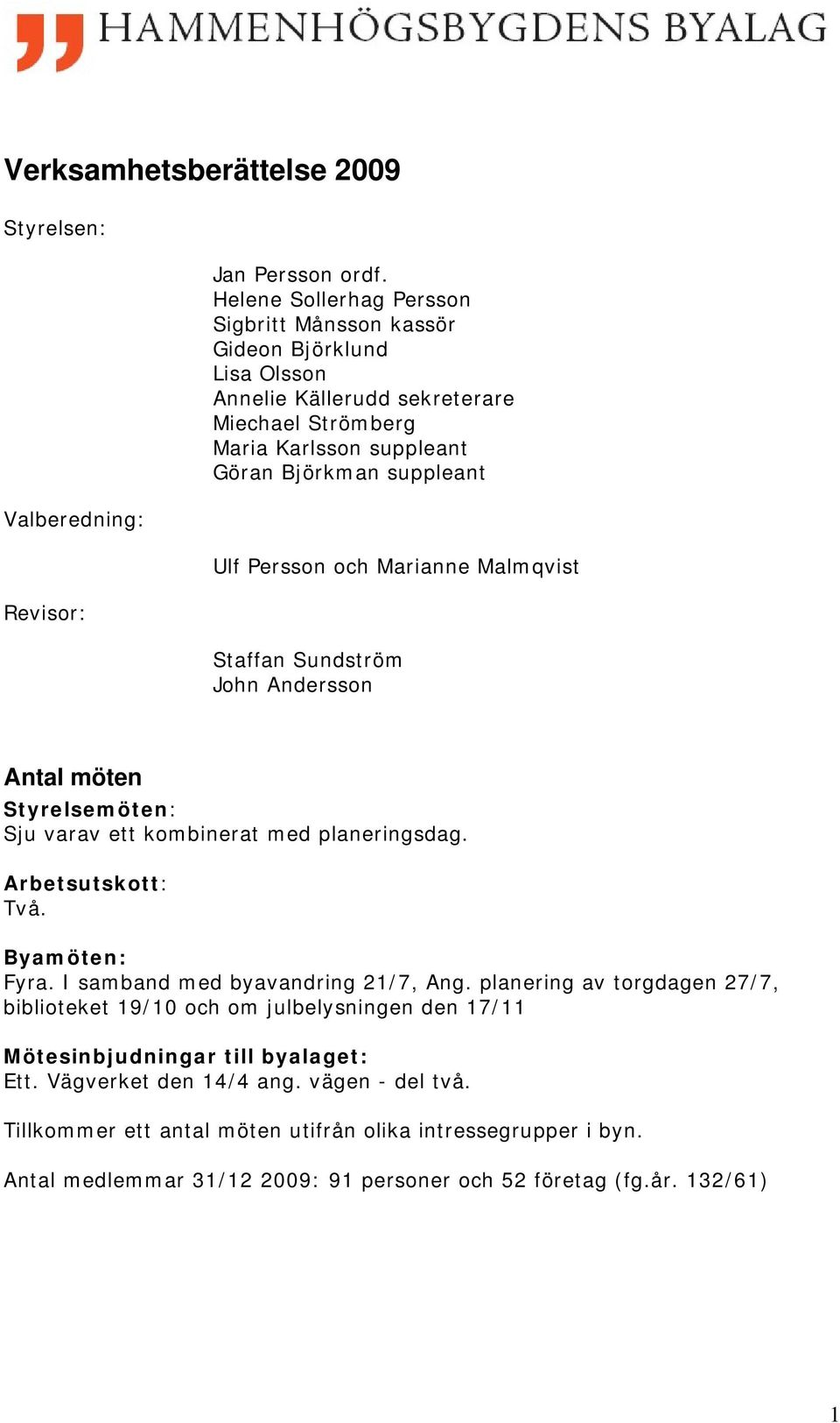 och Marianne Malmqvist Staffan Sundström John Andersson Antal möten Styrelsemöten: Sju varav ett kombinerat med planeringsdag. Arbetsutskott: Två. Byamöten: Fyra.