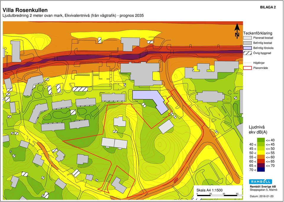 byggnad Höjdlinjer Planområde Ljudnivå ekv db(a) <= 40 40 < <= 45 45 < <= 50 50 < <= 55 55 <