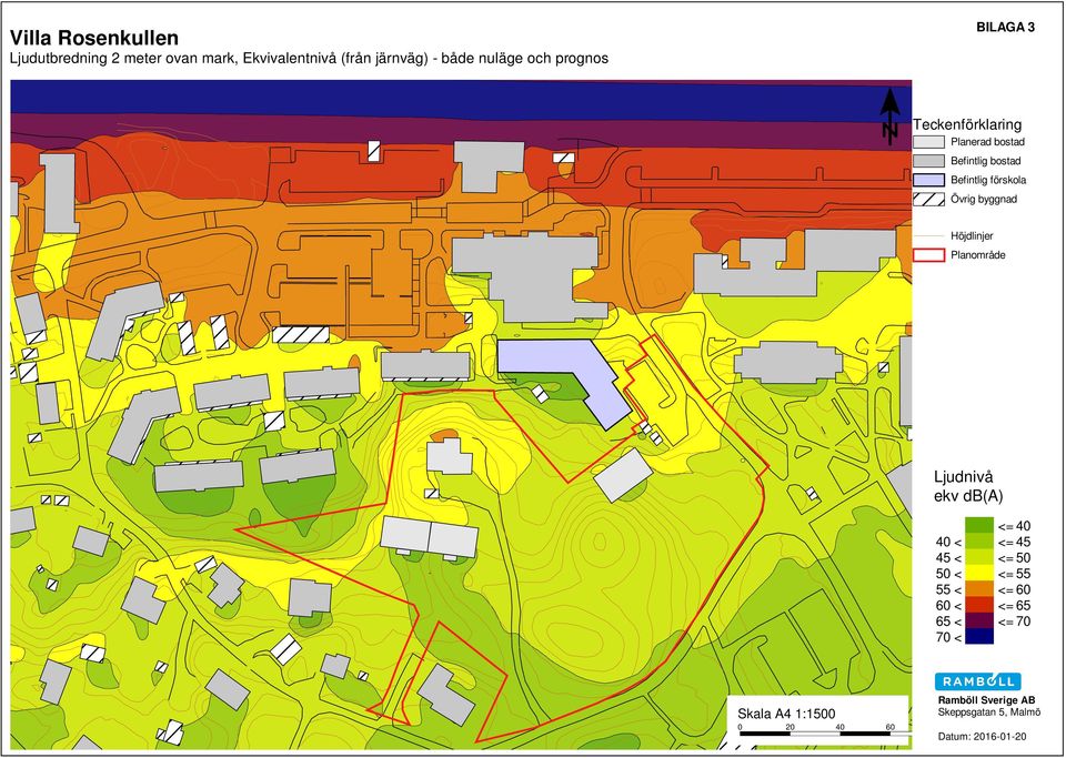 byggnad Höjdlinjer Planområde Ljudnivå ekv db(a) <= 40 40 < <= 45 45 < <= 50 50 < <= 55 55 < <=