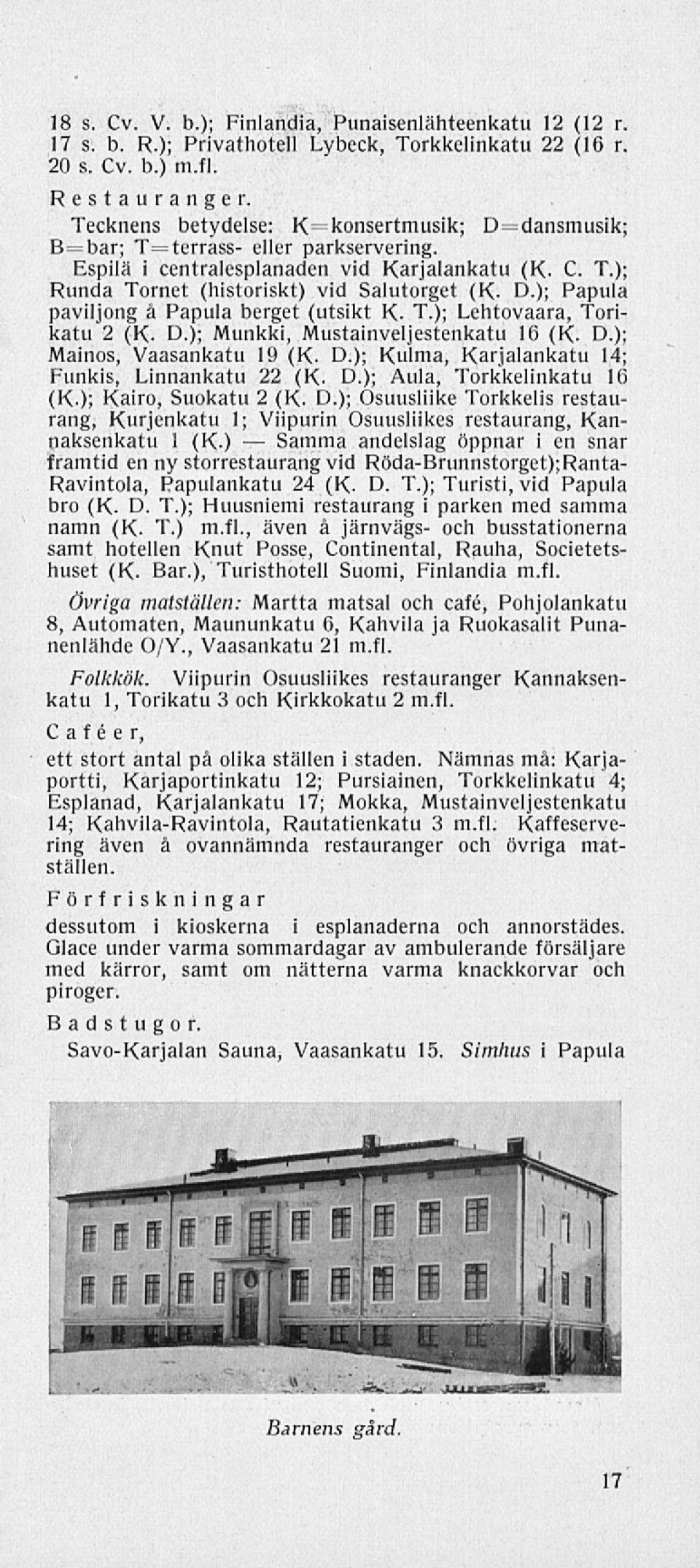 ); Papula paviljong å Papula berget (utsikt K- T.); Lehtovaara, Torikatu 2 (K- D.); Munkki, Mustainveljestenkatu 16 (K- D.); Mainos, Vaasankatu 19 (K- D.