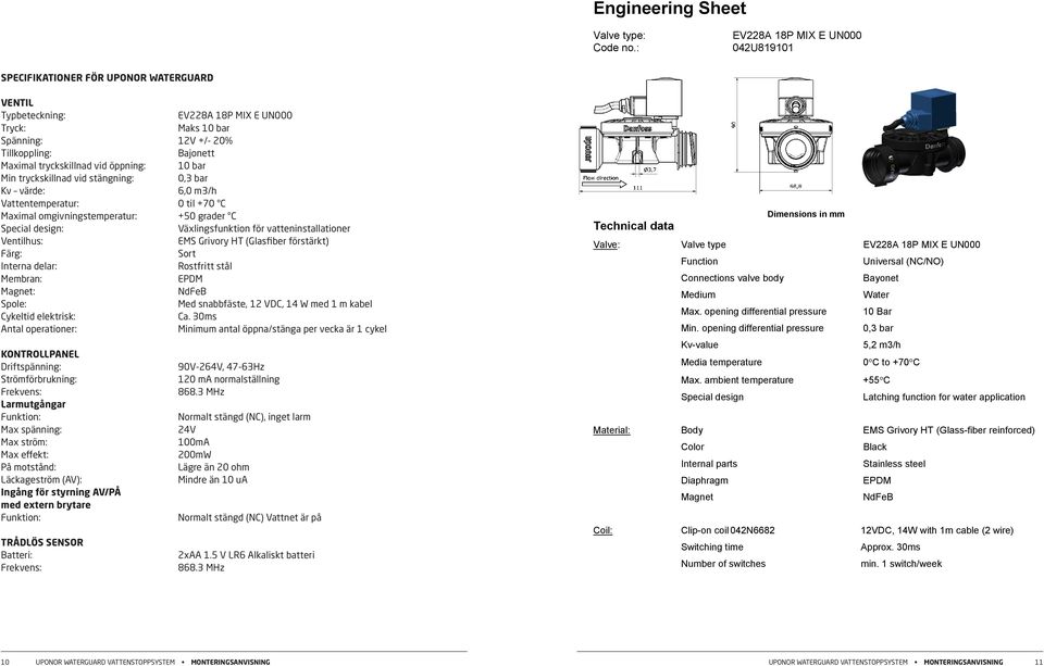 Maximal tryckskillnad vid öppning: 10 bar Min tryckskillnad vid stängning: 0,3 bar Kv värde: 6,0 m3/h Vattentemperatur: 0 til +70 C Maximal omgivningstemperatur: +50 grader C Special design: