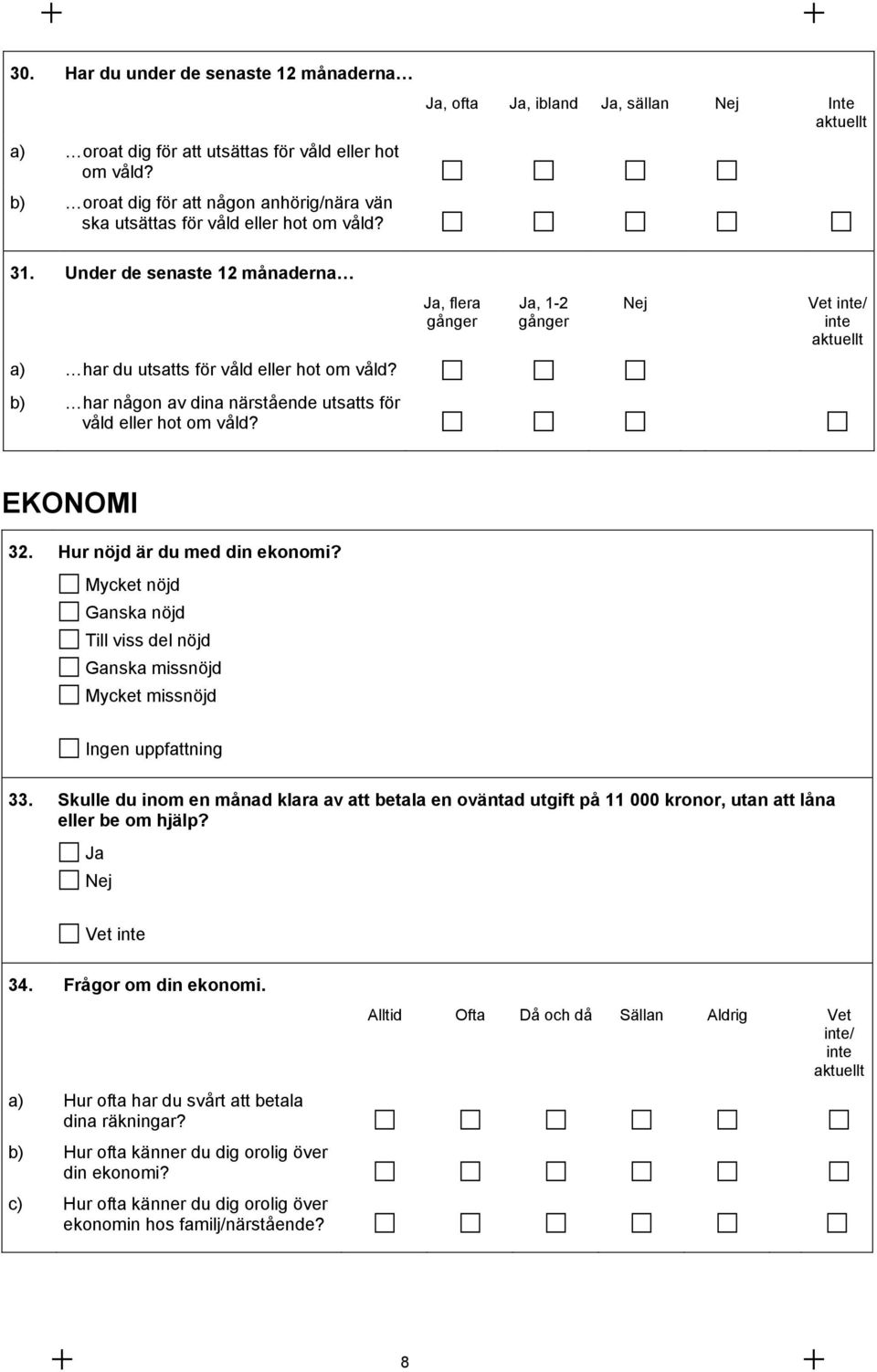 Ja, ofta Ja, ibland Ja, sällan Ja, flera gånger Ja, 1-2 gånger Nej Nej Inte aktuellt Vet inte/ inte aktuellt EKONOMI 32. Hur nöjd är du med din ekonomi?