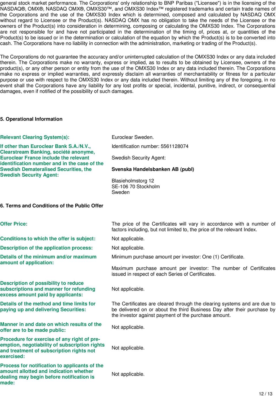 Corporations and the use of the OMXS30 Index which is determined, composed and calculated by NASDAQ OMX without regard to Licensee or the Product(s).