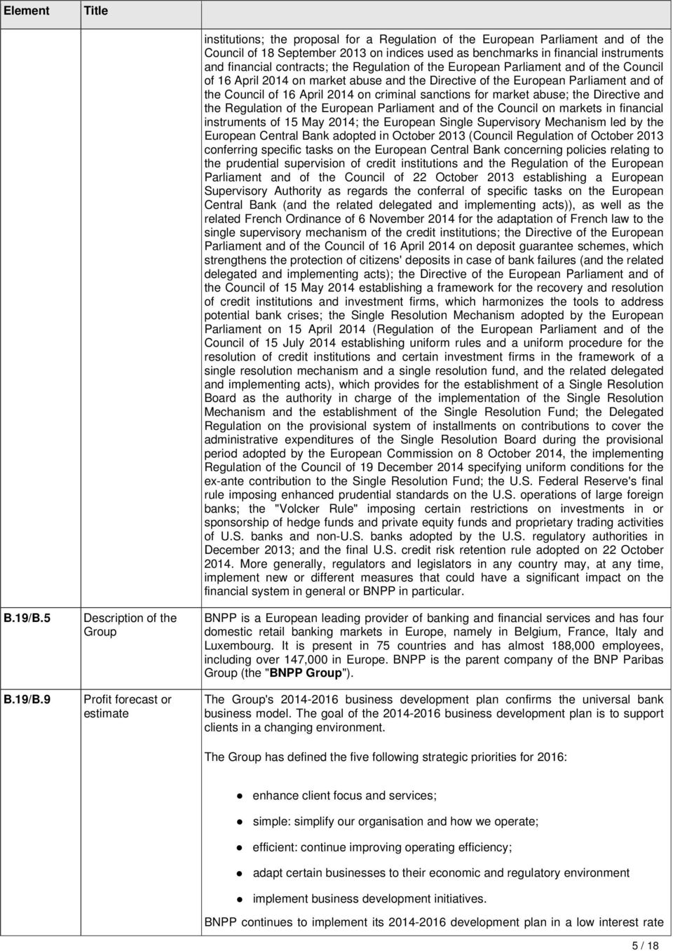 9 Description of the Group Profit forecast or estimate institutions; the proposal for a Regulation of the European Parliament and of the Council of 18 September 2013 on indices used as benchmarks in