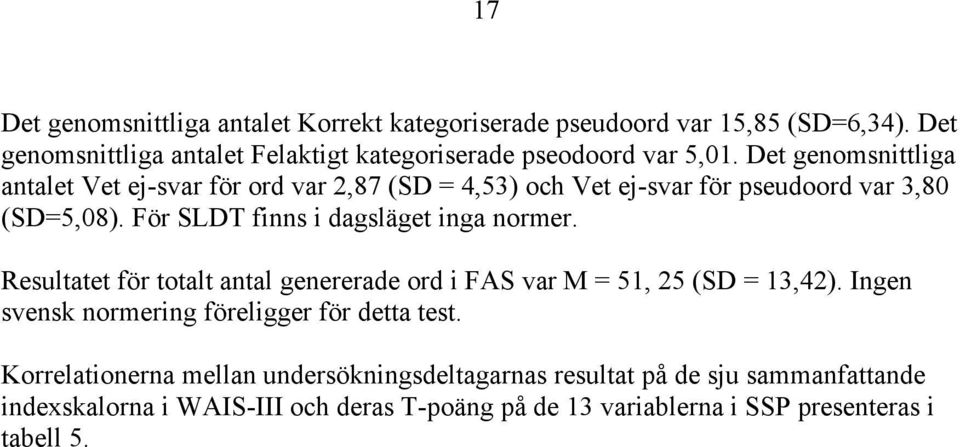 För SLDT finns i dagsläget inga normer. Resultatet för totalt antal genererade ord i FAS var M = 51, 25 (SD = 13,42).