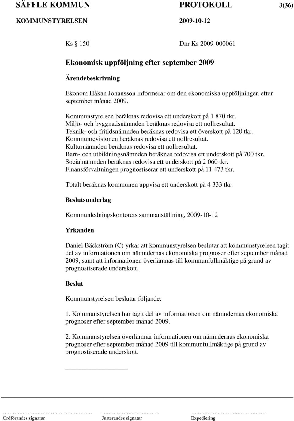 Kommunrevisionen beräknas redovisa ett nollresultat. Kulturnämnden beräknas redovisa ett nollresultat. Barn- och utbildningsnämnden beräknas redovisa ett underskott på 700 tkr.