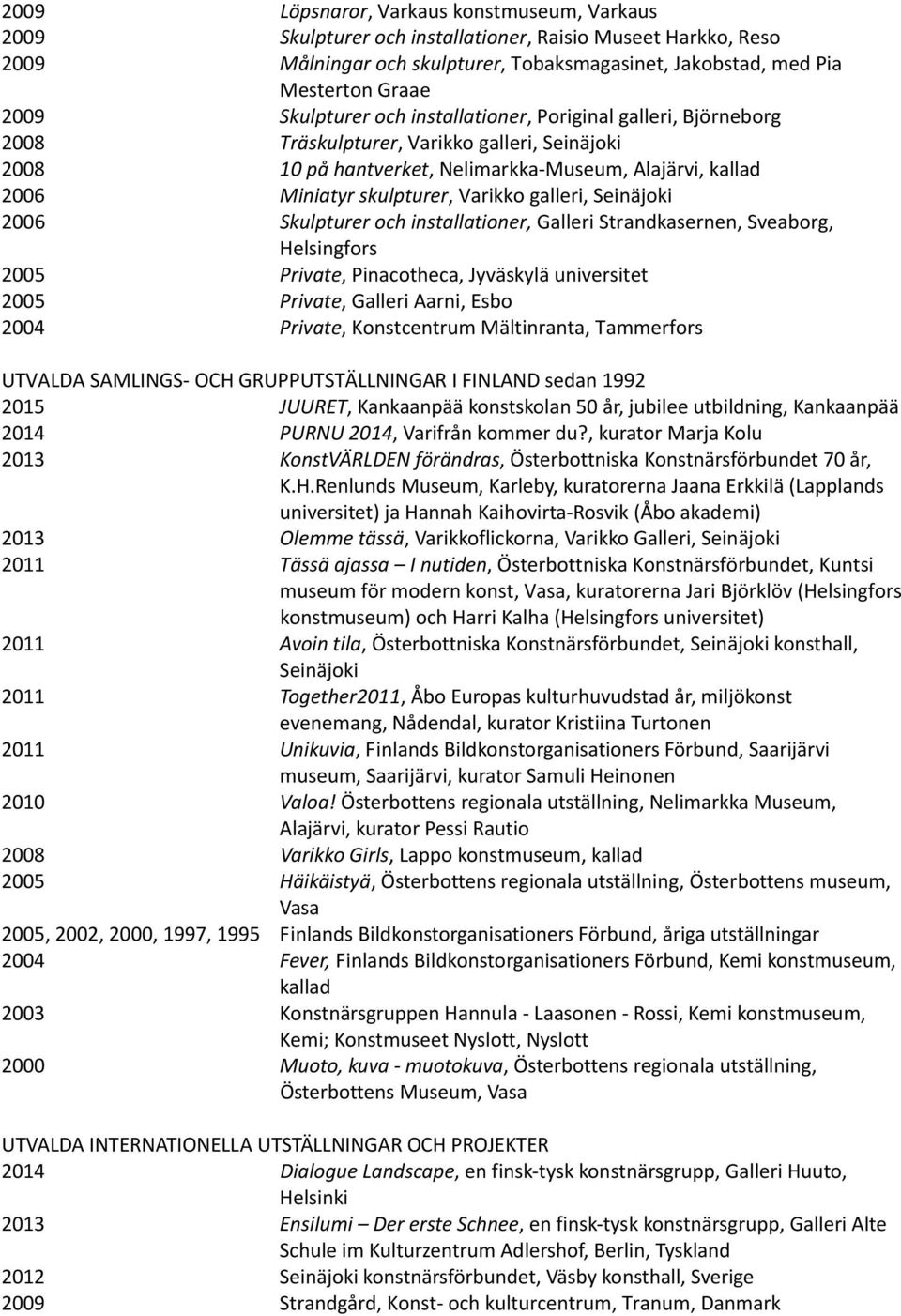 Varikko galleri, Seinäjoki 2006 Skulpturer och installationer, Galleri Strandkasernen, Sveaborg, Helsingfors 2005 Private, Pinacotheca, Jyväskylä universitet 2005 Private, Galleri Aarni, Esbo 2004