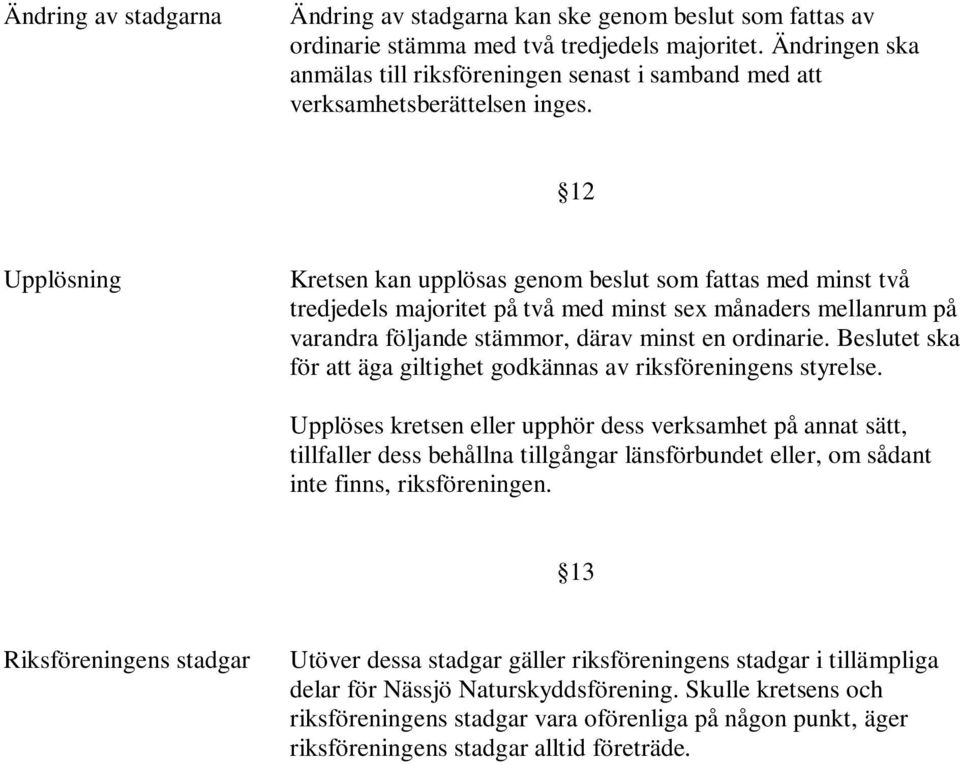 12 Upplösning Kretsen kan upplösas genom beslut som fattas med minst två tredjedels majoritet på två med minst sex månaders mellanrum på varandra följande stämmor, därav minst en ordinarie.