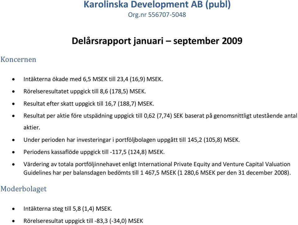 Under perioden har investeringar i portföljbolagen uppgått till 145,2 (105,8) MSEK. Periodens kassaflöde uppgick till -117,5 (124,8) MSEK.