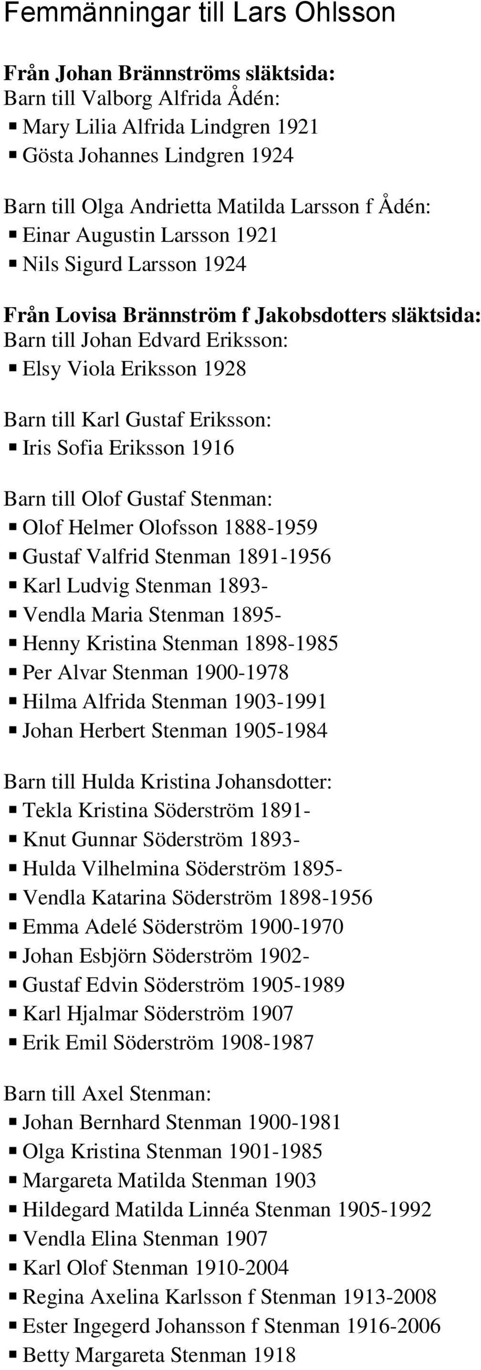 Eriksson: Iris Sofia Eriksson 1916 Barn till Olof Gustaf Stenman: Olof Helmer Olofsson 1888-1959 Gustaf Valfrid Stenman 1891-1956 Karl Ludvig Stenman 1893- Vendla Maria Stenman 1895- Henny Kristina