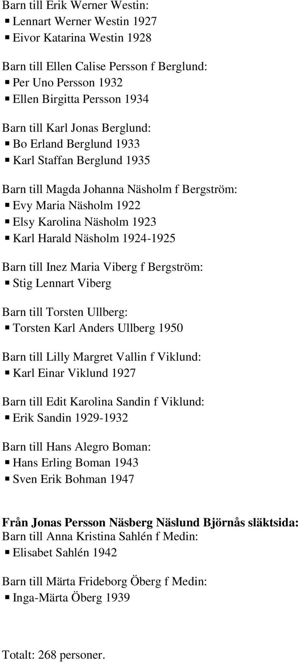 Inez Maria Viberg f Bergström: Stig Lennart Viberg Barn till Torsten Ullberg: Torsten Karl Anders Ullberg 1950 Barn till Lilly Margret Vallin f Viklund: Karl Einar Viklund 1927 Barn till Edit