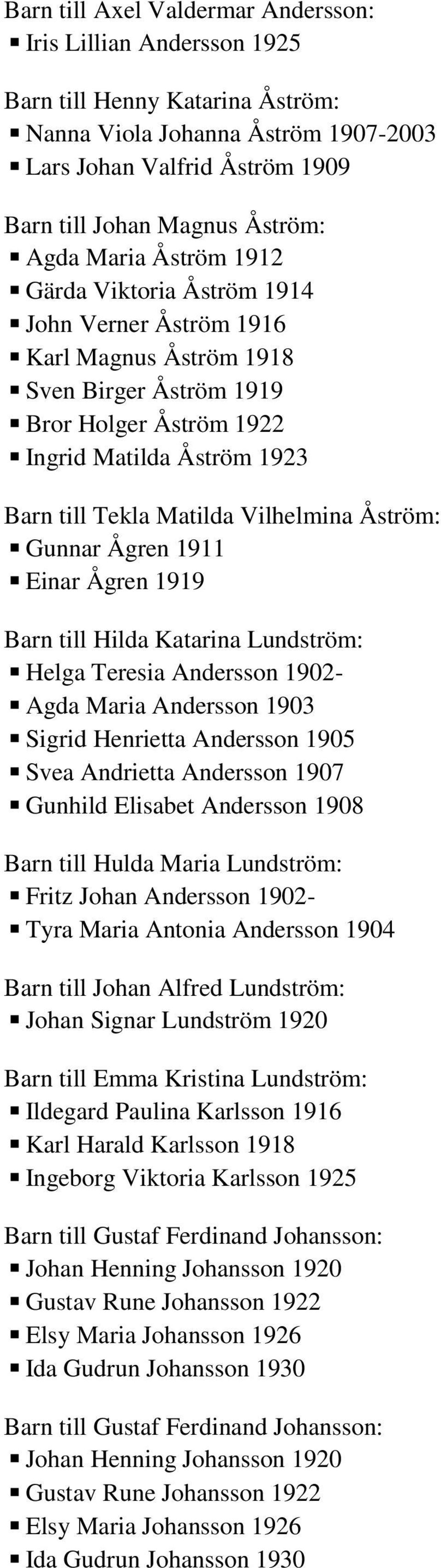 Vilhelmina Åström: Gunnar Ågren 1911 Einar Ågren 1919 Barn till Hilda Katarina Lundström: Helga Teresia Andersson 1902- Agda Maria Andersson 1903 Sigrid Henrietta Andersson 1905 Svea Andrietta