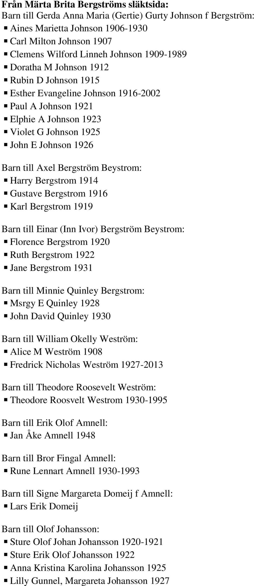 Beystrom: Harry Bergstrom 1914 Gustave Bergstrom 1916 Karl Bergstrom 1919 Barn till Einar (Inn Ivor) Bergström Beystrom: Florence Bergstrom 1920 Ruth Bergstrom 1922 Jane Bergstrom 1931 Barn till