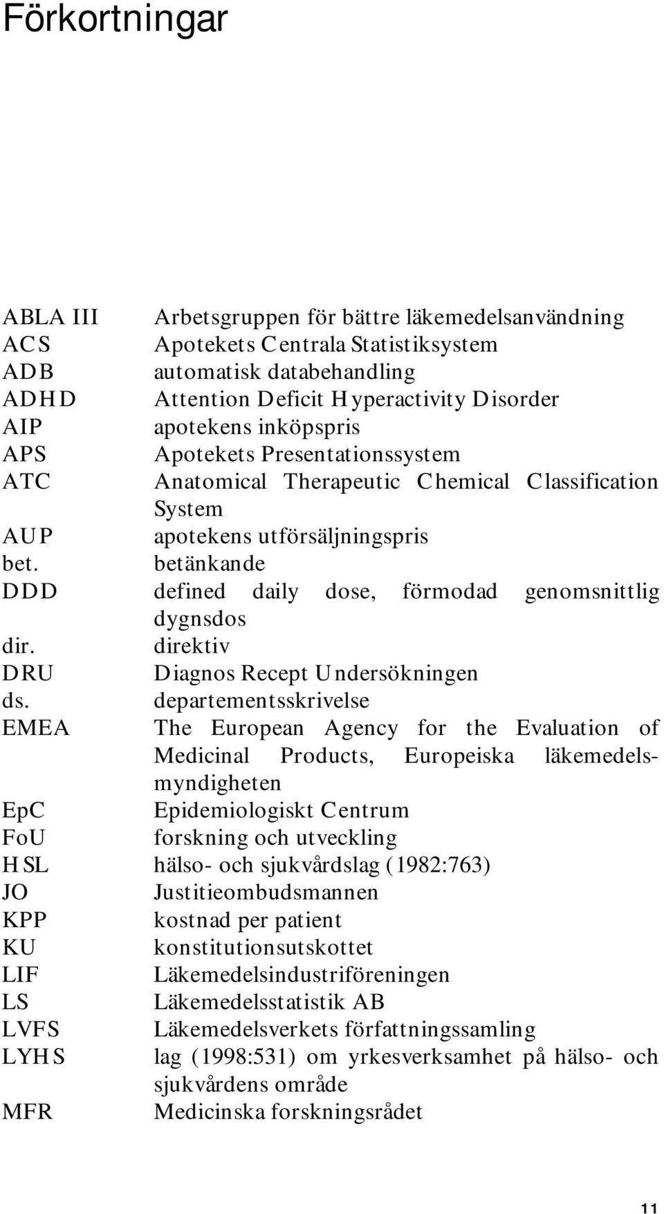 betänkande DDD defined daily dose, förmodad genomsnittlig dygnsdos dir. direktiv DRU Diagnos Recept Undersökningen ds.