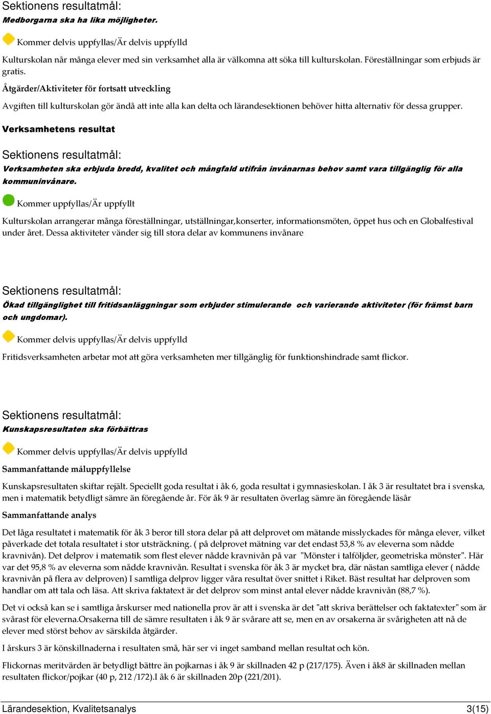 Verksamhetens resultat Verksamheten ska erbjuda bredd, kvalitet och mångfald utifrån invånarnas behov samt vara tillgänglig för alla kommuninvånare.