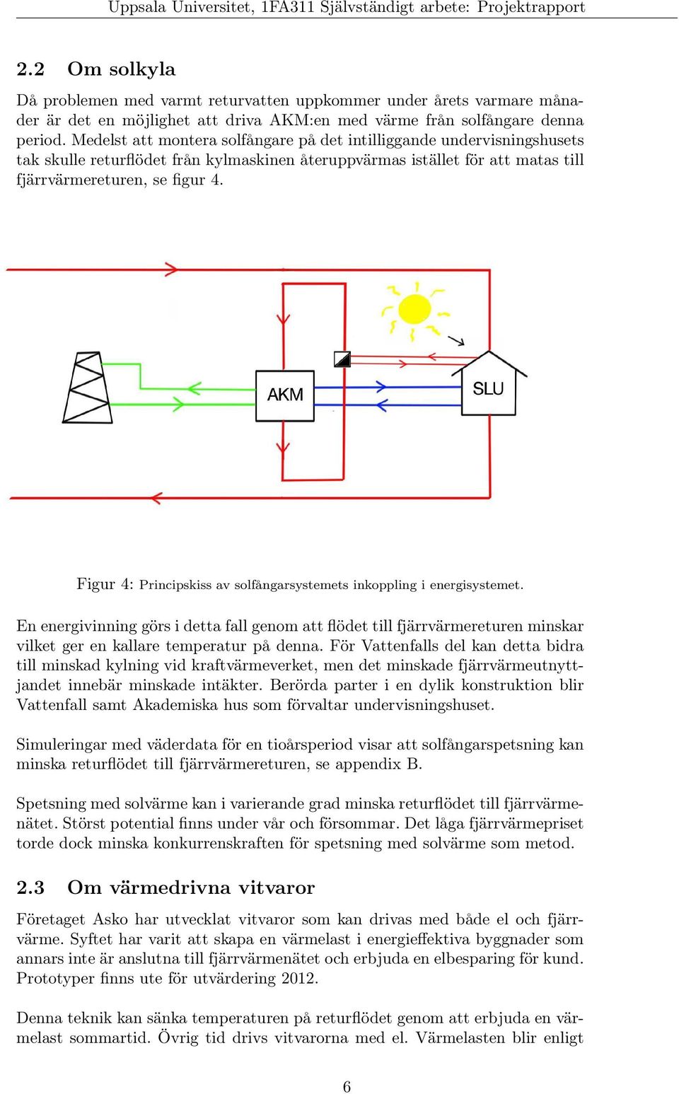 Figur 4: Principskiss av solfångarsystemets inkoppling i energisystemet. En energivinning görs i detta fall genom att flödet till fjärrvärmereturen minskar vilket ger en kallare temperatur på denna.
