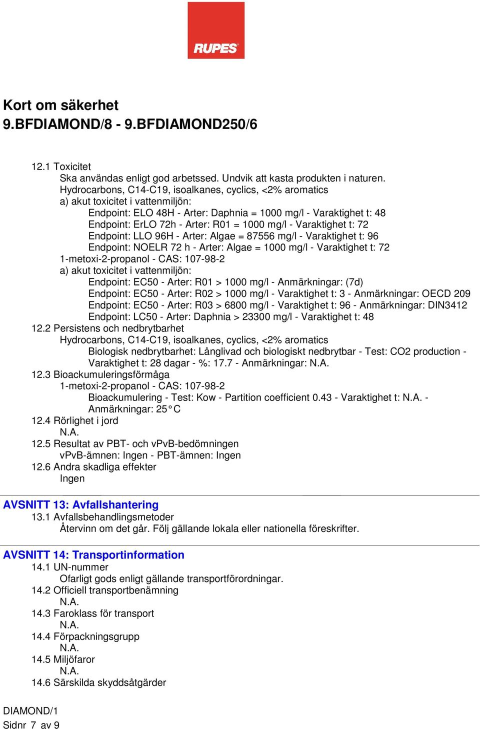 mg/l - Varaktighet t: 72 Endpoint: LLO 96H - Arter: Algae = 87556 mg/l - Varaktighet t: 96 Endpoint: NOELR 72 h - Arter: Algae = 1000 mg/l - Varaktighet t: 72 a) akut toxicitet i vattenmiljön: