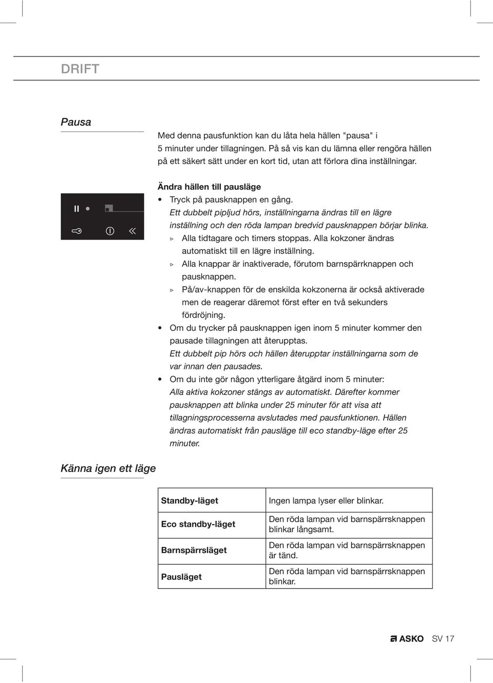 Ett dubbelt pipljud hörs, inställningarna ändras till en lägre inställning och den röda lampan bredvid pausknappen börjar blinka. Alla tidtagare och timers stoppas.